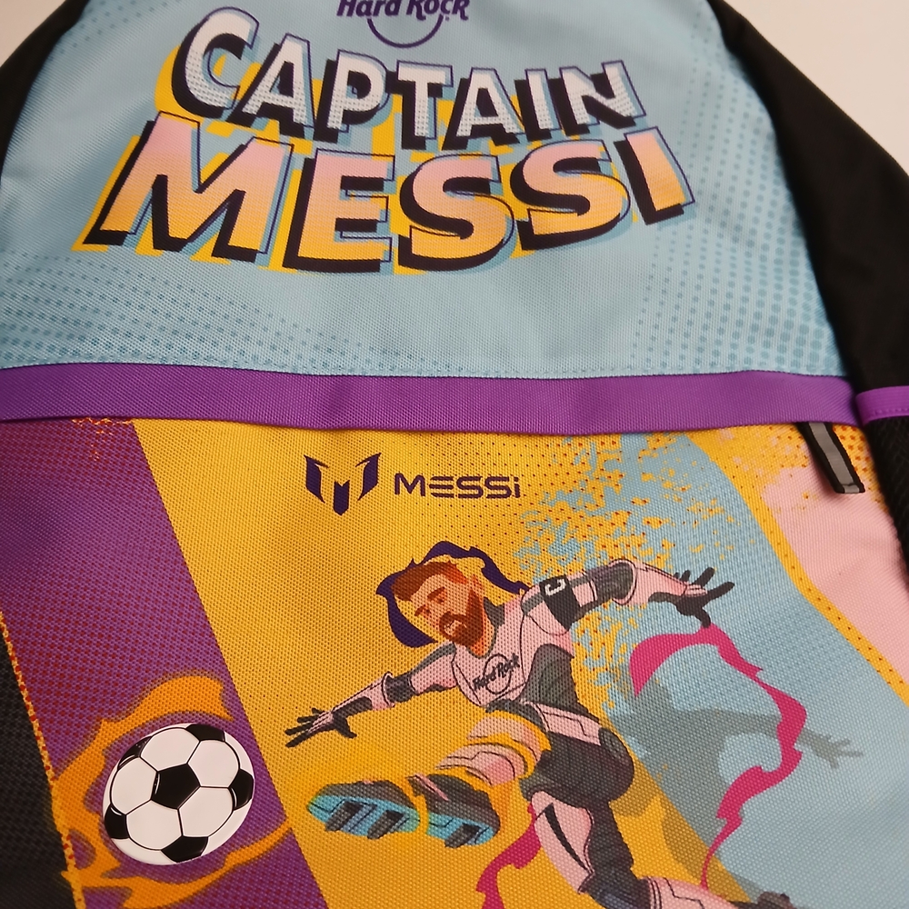 Hard Rock Cafe Kids Backpack - Light Blue, Purple & Yellow Captain Messi $18 - Picture 2 of 5